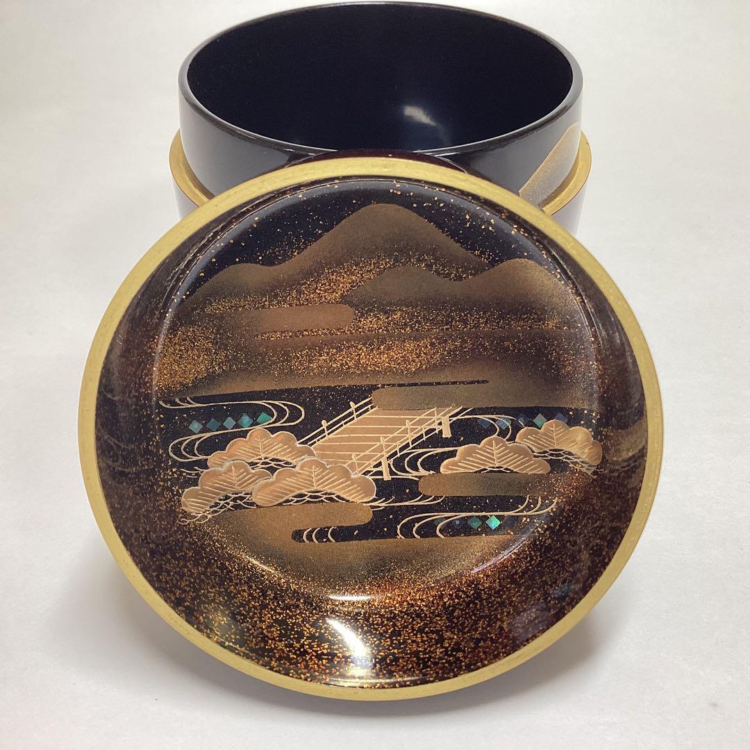 Japanese Tamenuri Lacquer Natsume Tea Caddy with Kyoraku Maki-e Landscape, Signed Nakamura Soetsu, Kyoto Urushi Art with Tomobako
