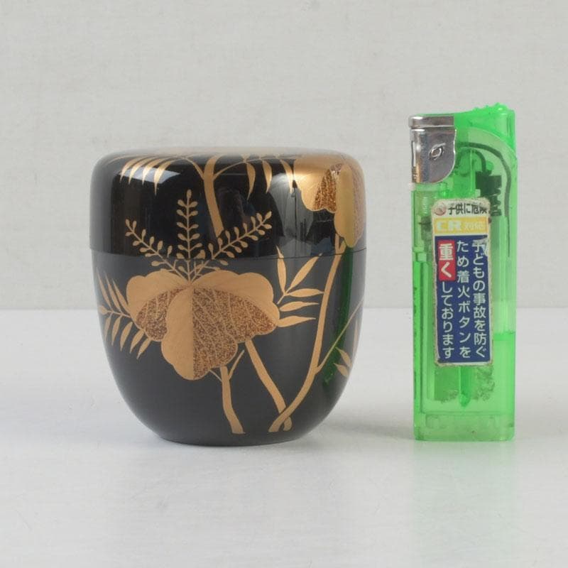 Signed Sagano Maki-e Natsume Tea Caddy | Gold Silver Bamboo Pine Ginkgo Black Lacquer | Tomobako