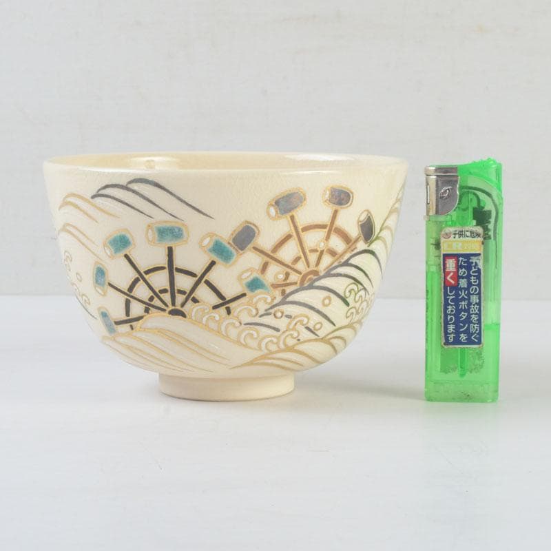 Tsuguji Suzan Ninsei-Style Tea Bowl | Water Wheel, Waves, Willow | Kyoto Tradition | Tomobako