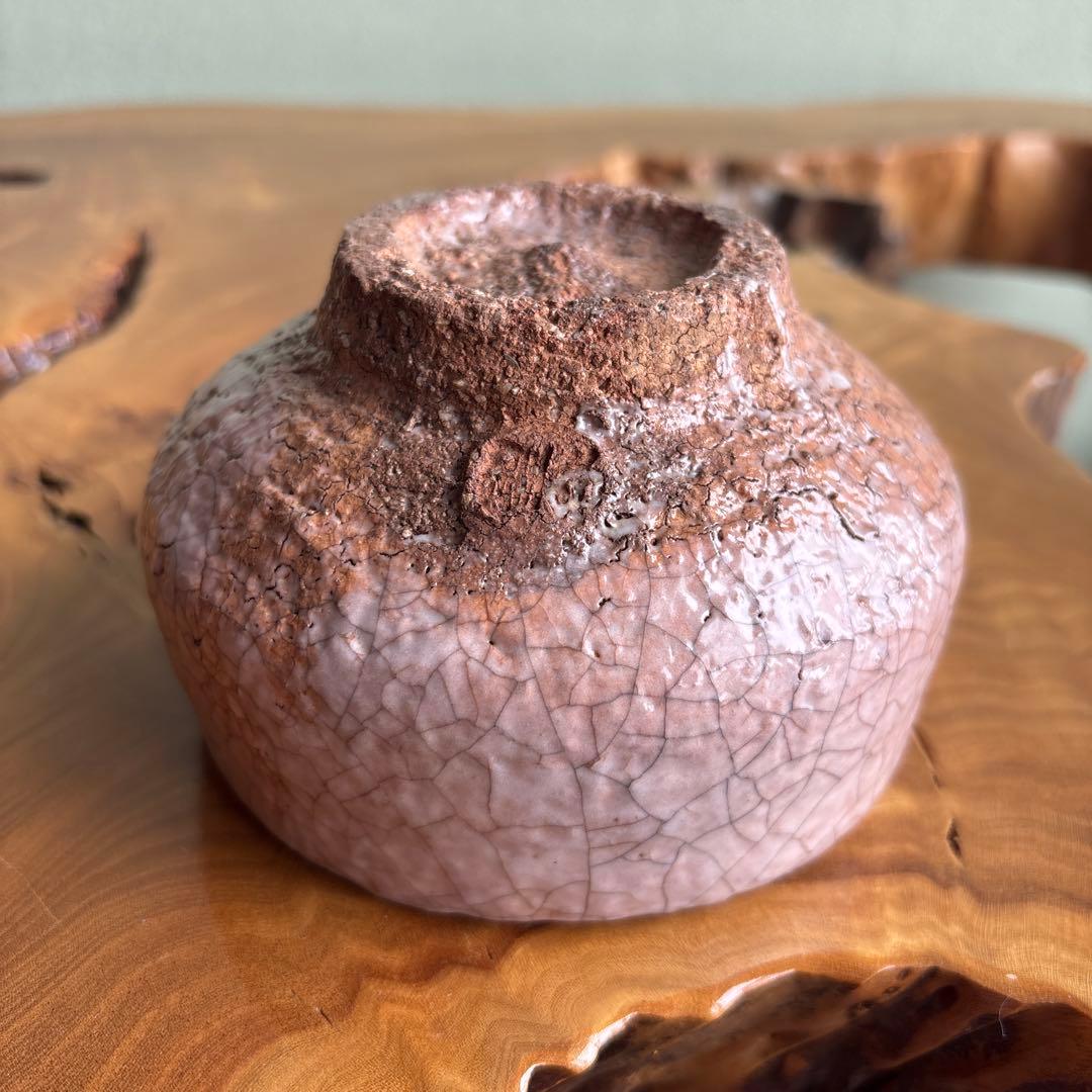Aka Raku Matcha Bowl Hand-Built Pink Salmon Crackle Glaze Japanese Tea Ceremony