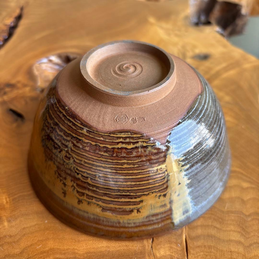 Takatori-yaki Tea Bowl by Kamei Miraku — Amber Glaze Landscape, Enshu Seven Kilns Lineage