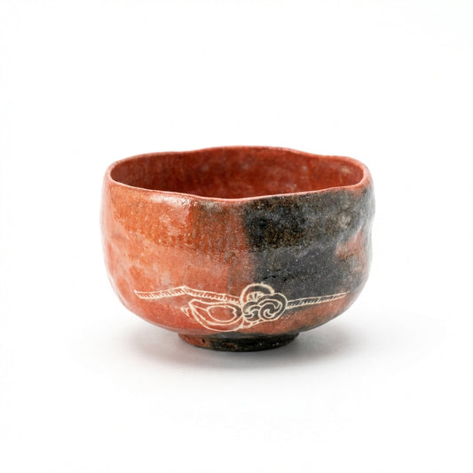 Red Raku tea bowl by Konyu