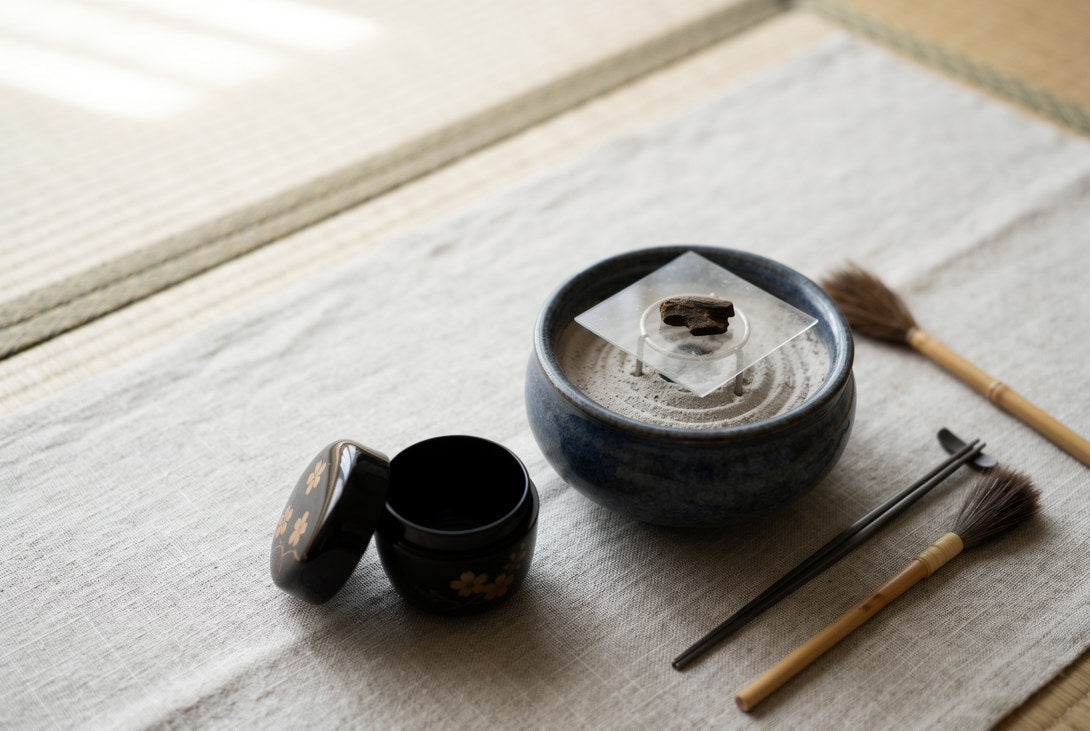 Japanese kogo incense container and agarwood prepared over ash for a quiet Kodo ceremony