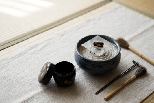 Japanese kogo incense container and agarwood prepared over ash for a quiet Kodo ceremony