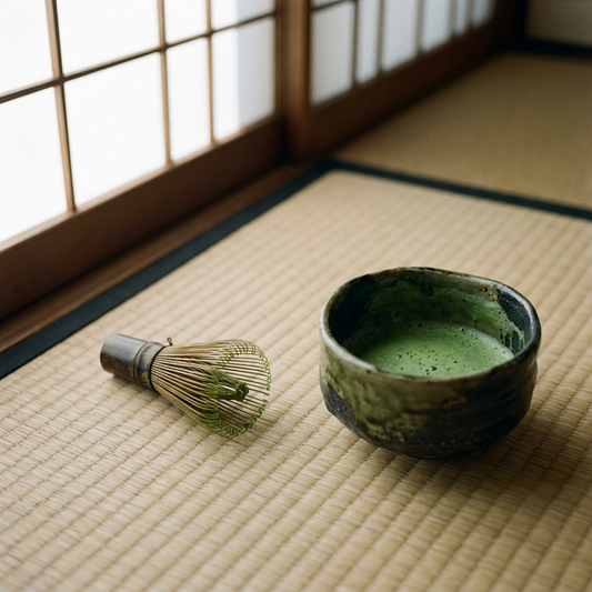 Bamboo tea whisk and matcha bowl on tatami — Silence Between Gestures