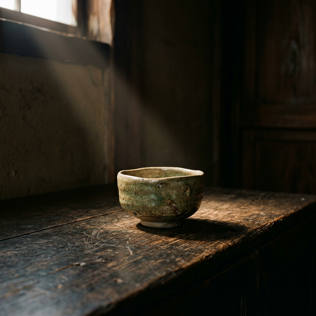 Ancient weathered tea bowl in beam of light — Objects That Outlive Their Makers