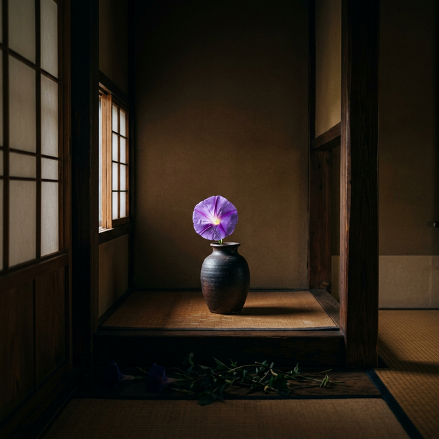 A single morning glory in a dark ceramic vase on the tokonoma alcove — Rikyu's radical subtraction