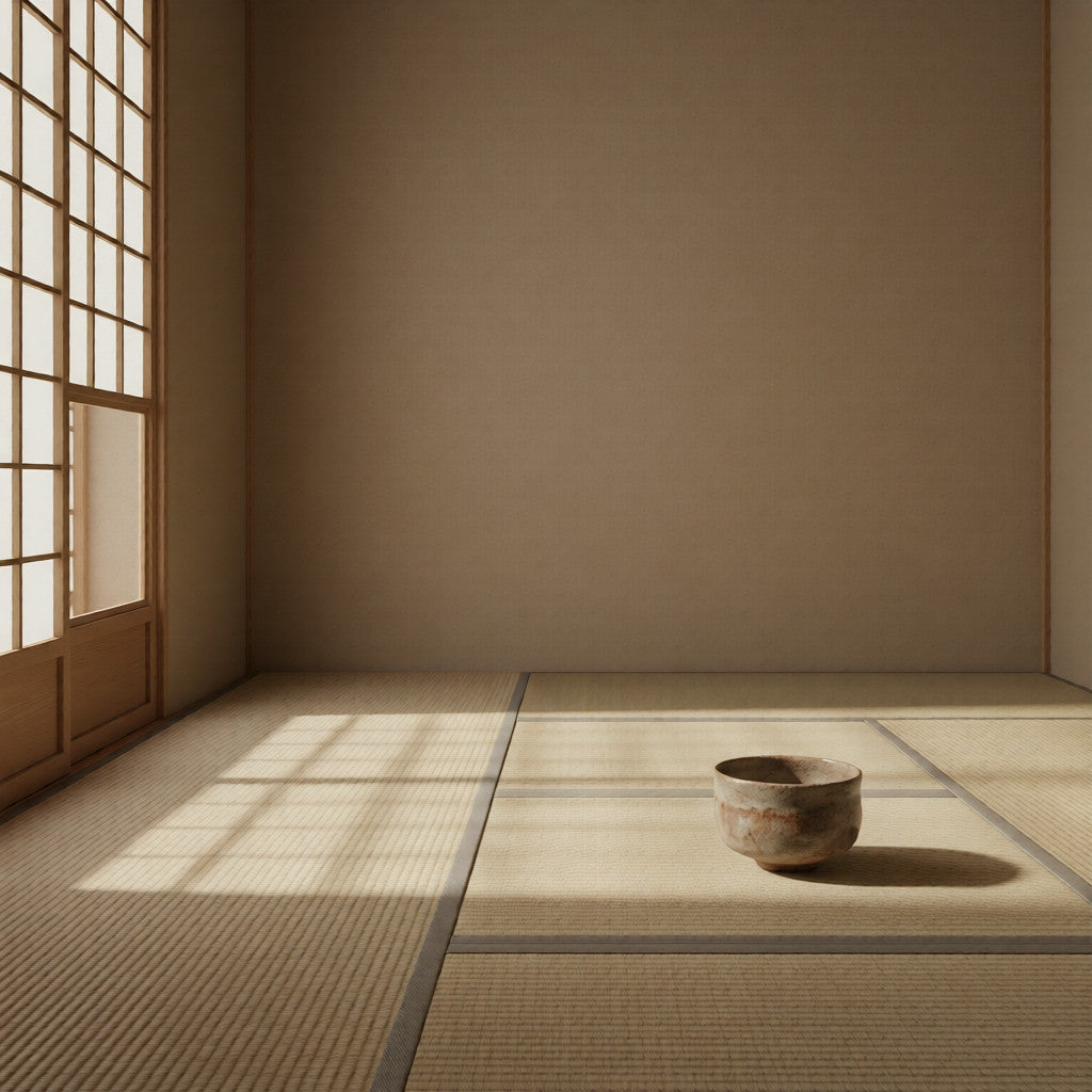 A single tea bowl on tatami mats in an empty tea room, soft natural light through shoji screens