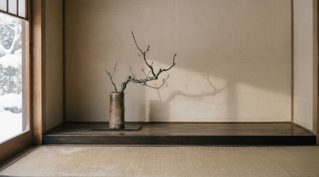 Plum branch in bamboo vase on tokonoma alcove with snow light — The Wealth of Poverty