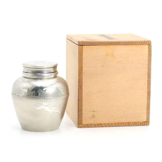 Iwakiri Bikodo Satsuma Tin Tea Canister — Pine Tree Relief Suzuki Chashinka