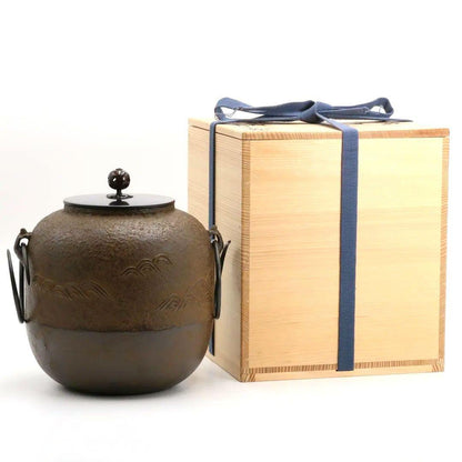 Kimura Soya Cast Iron Chagama with Seigaiha Wave Pattern — Kame-Kan-Tsuki Kettle