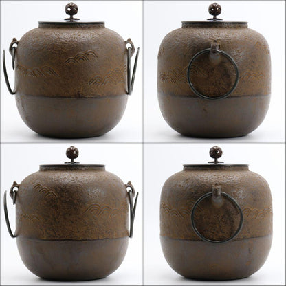 Kimura Soya Cast Iron Chagama with Seigaiha Wave Pattern — Kame-Kan-Tsuki Kettle