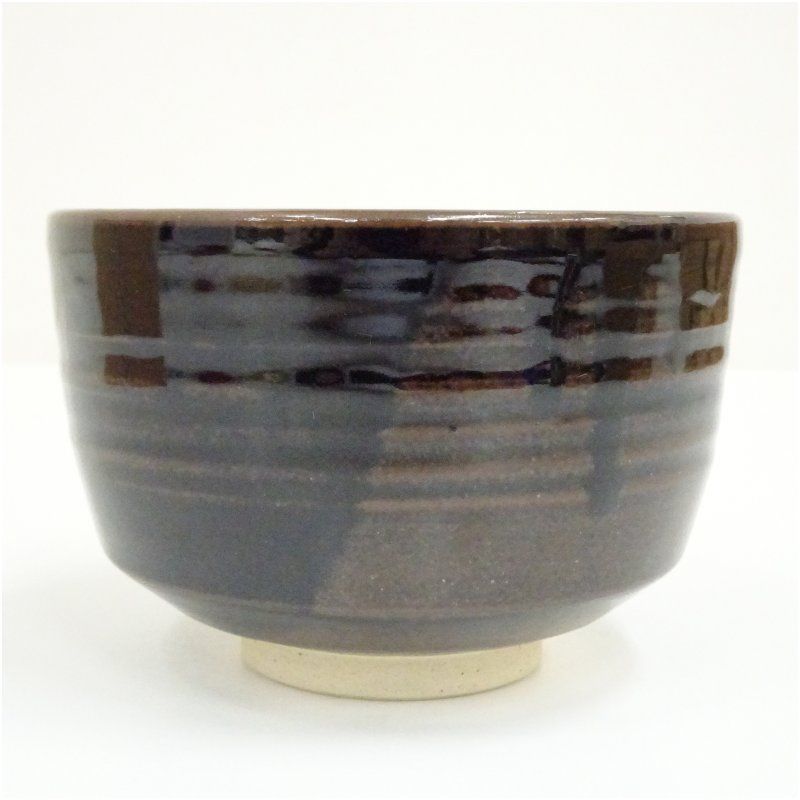 Zeze Ware Faceted Tea Bowl by Iwasaki Shinsada — Dark Glaze Chawan with Tomobako, Japanese Ceramics