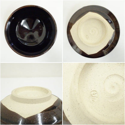 Zeze Ware Faceted Tea Bowl by Iwasaki Shinsada — Dark Glaze Chawan with Tomobako, Japanese Ceramics