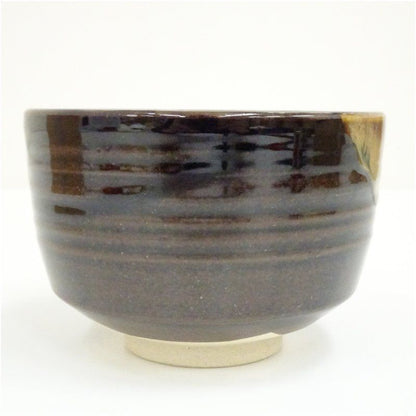 Zeze Ware Faceted Tea Bowl by Iwasaki Shinsada — Dark Glaze Chawan with Tomobako, Japanese Ceramics