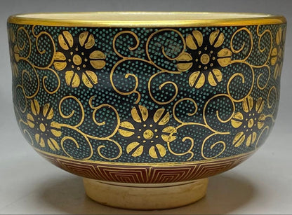Kutani Chawan with Ao-Chibu and Gold Tessen by Shoka — Matcha Bowl, Tomobako