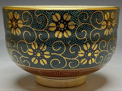 Kutani Chawan with Ao-Chibu and Gold Tessen by Shoka — Matcha Bowl, Tomobako