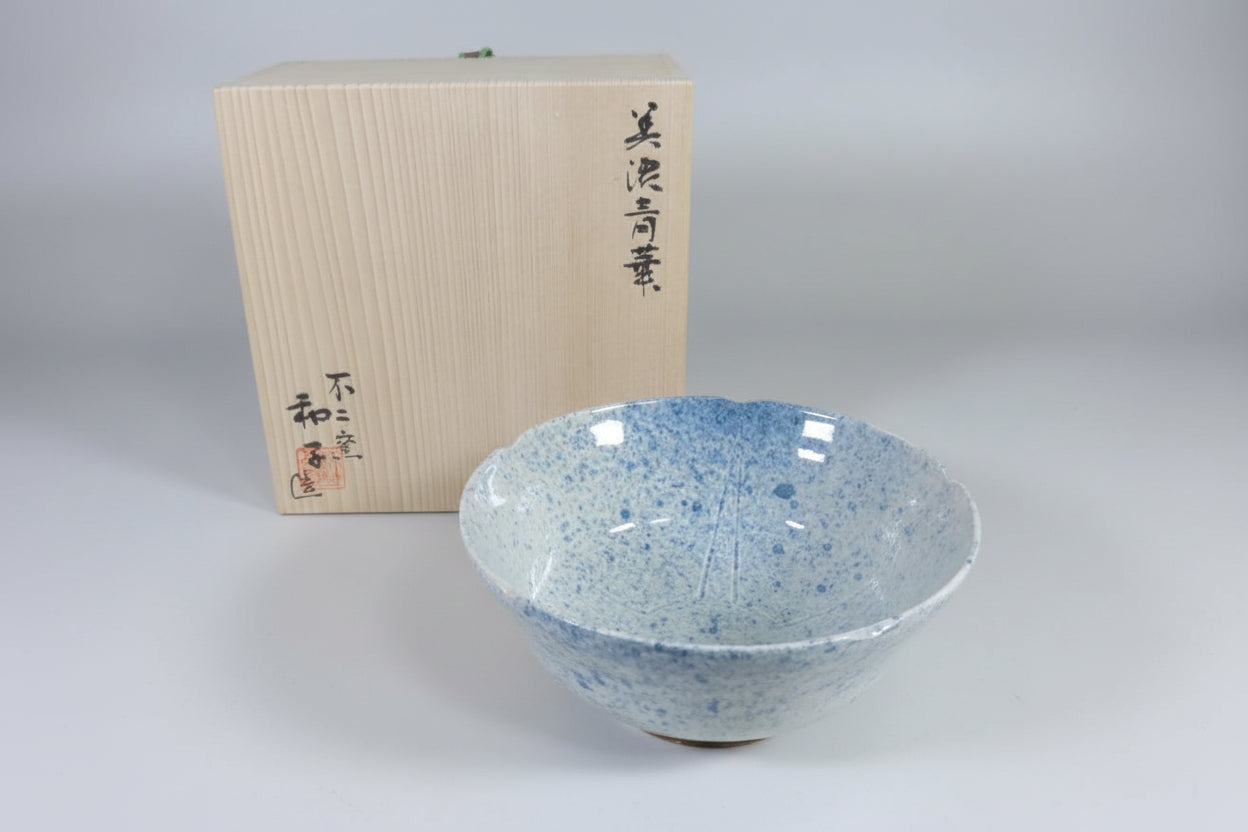 Mino Seika Tea Bowl by Fuji-gama Kazuko - Blue and White Cobalt Chawan
