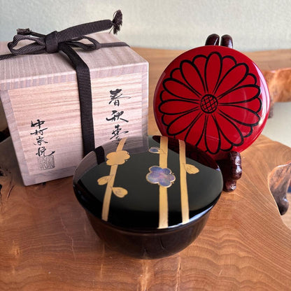 Nakamura Sōetsu 'Shunjū' Natsume — Two Interchangeable Lids, Plum & Chrysanthemum Maki-e