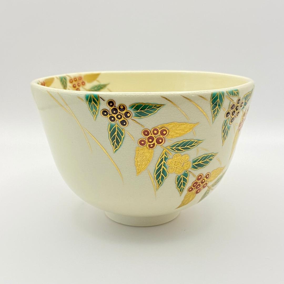 Iro-e Komurasaki Chawan by Fukumoto Miki, Kyo-yaki Tea Bowl with Signed Box