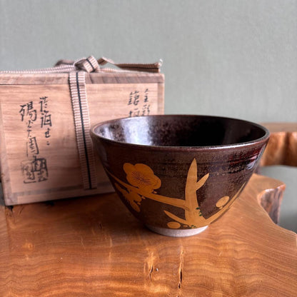 Zeze-yaki Tea Bowl by Omi Zeze, Kagerou-en — Gold Plum Blossom, Enshu Seven Kilns