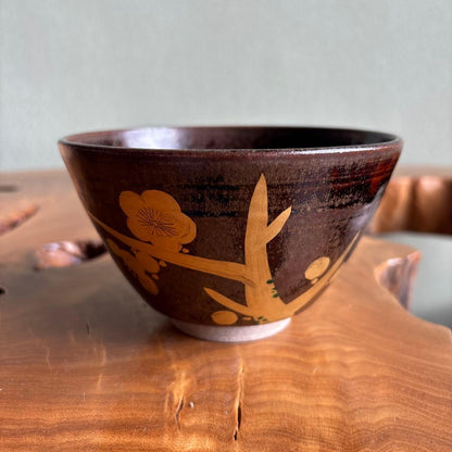 Zeze-yaki Tea Bowl by Omi Zeze, Kagerou-en — Gold Plum Blossom, Enshu Seven Kilns
