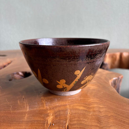 Zeze-yaki Tea Bowl by Omi Zeze, Kagerou-en — Gold Plum Blossom, Enshu Seven Kilns