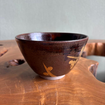 Zeze-yaki Tea Bowl by Omi Zeze, Kagerou-en — Gold Plum Blossom, Enshu Seven Kilns