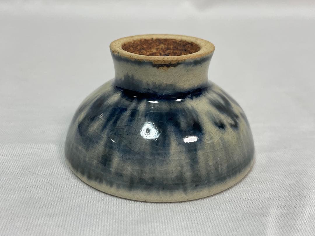 Annam Style Guinomi by Horino Shoji - Blue Crackle Glaze Sake Cup with Artist Pamphlet