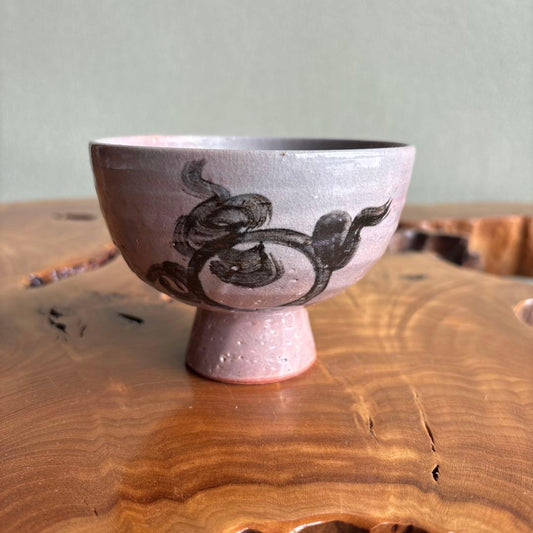 Abstract Sumi Ink Chawan Footed Tea Bowl Bokusho Brushwork