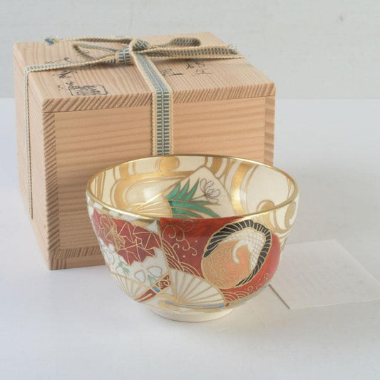 Kyo-yaki Iro-e Fan and Crane Chawan by Hashimoto Shiu — Gold Overglaze Tea Bowl
