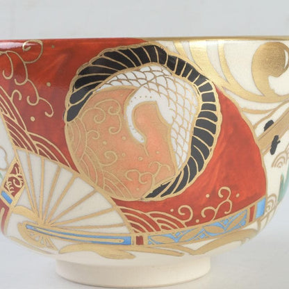 Kyo-yaki Iro-e Fan and Crane Chawan by Hashimoto Shiu — Gold Overglaze Tea Bowl