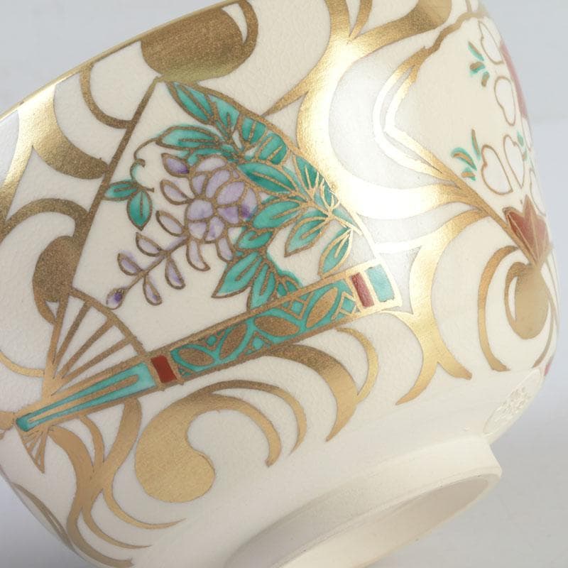 Kyo-yaki Iro-e Fan and Crane Chawan by Hashimoto Shiu — Gold Overglaze Tea Bowl