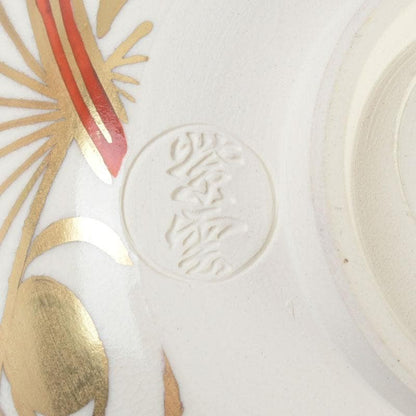 Kyo-yaki Iro-e Fan and Crane Chawan by Hashimoto Shiu — Gold Overglaze Tea Bowl