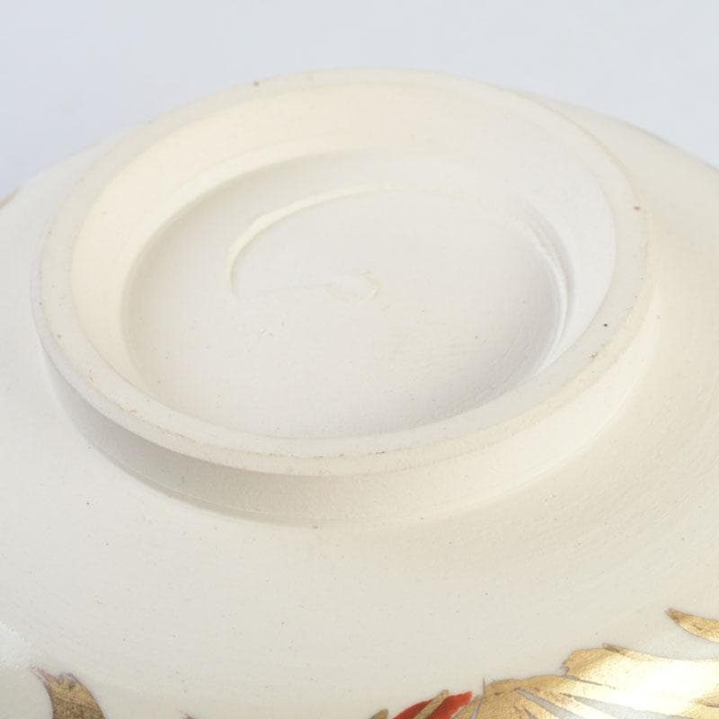 Kyo-yaki Iro-e Fan and Crane Chawan by Hashimoto Shiu — Gold Overglaze Tea Bowl