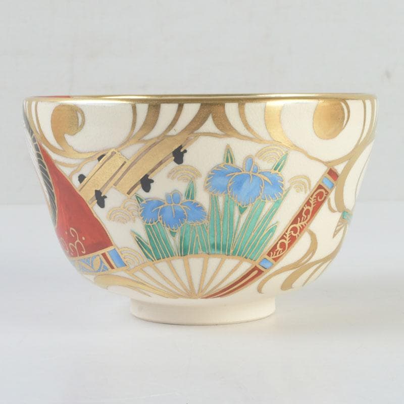 Kyo-yaki Iro-e Fan and Crane Chawan by Hashimoto Shiu — Gold Overglaze Tea Bowl