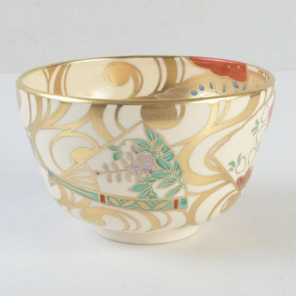 Kyo-yaki Iro-e Fan and Crane Chawan by Hashimoto Shiu — Gold Overglaze Tea Bowl
