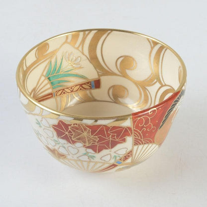 Kyo-yaki Iro-e Fan and Crane Chawan by Hashimoto Shiu — Gold Overglaze Tea Bowl
