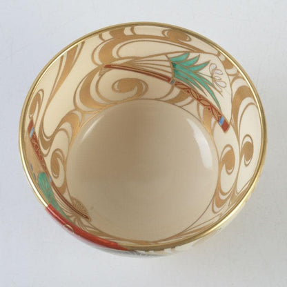 Kyo-yaki Iro-e Fan and Crane Chawan by Hashimoto Shiu — Gold Overglaze Tea Bowl