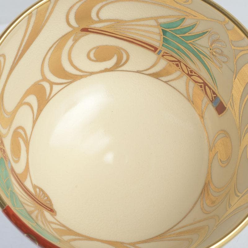 Kyo-yaki Iro-e Fan and Crane Chawan by Hashimoto Shiu — Gold Overglaze Tea Bowl
