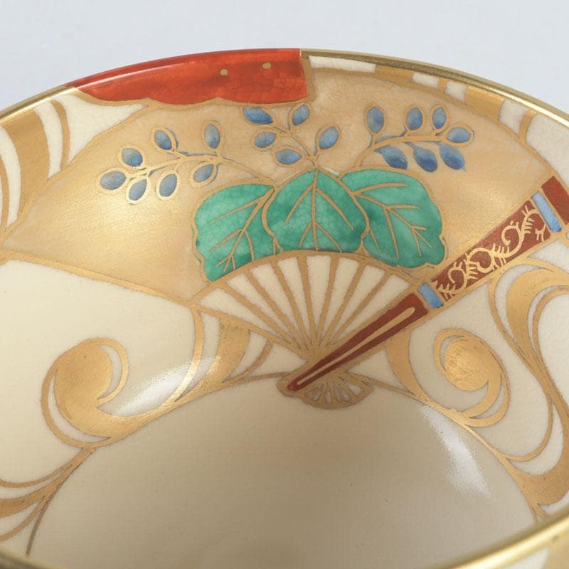 Kyo-yaki Iro-e Fan and Crane Chawan by Hashimoto Shiu — Gold Overglaze Tea Bowl