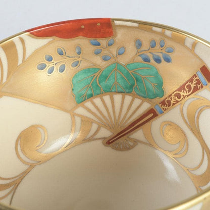 Kyo-yaki Iro-e Fan and Crane Chawan by Hashimoto Shiu — Gold Overglaze Tea Bowl