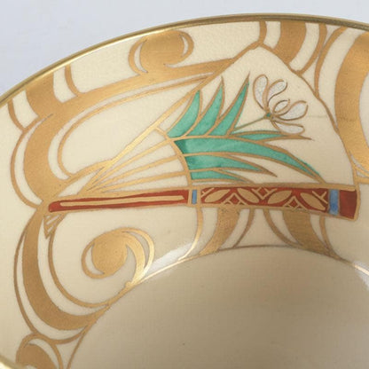 Kyo-yaki Iro-e Fan and Crane Chawan by Hashimoto Shiu — Gold Overglaze Tea Bowl