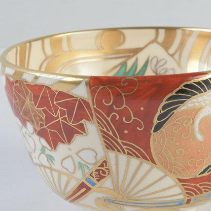 Kyo-yaki Iro-e Fan and Crane Chawan by Hashimoto Shiu — Gold Overglaze Tea Bowl