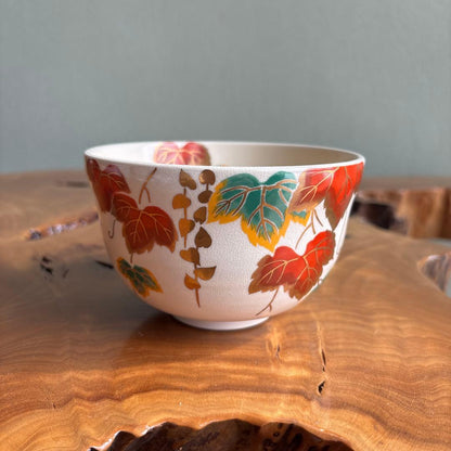 Kyo-yaki Ivy Chawan by Miyaji Eiko — Japanese Tea Bowl with Autumn Tsuta Leaves in Overglaze Enamel