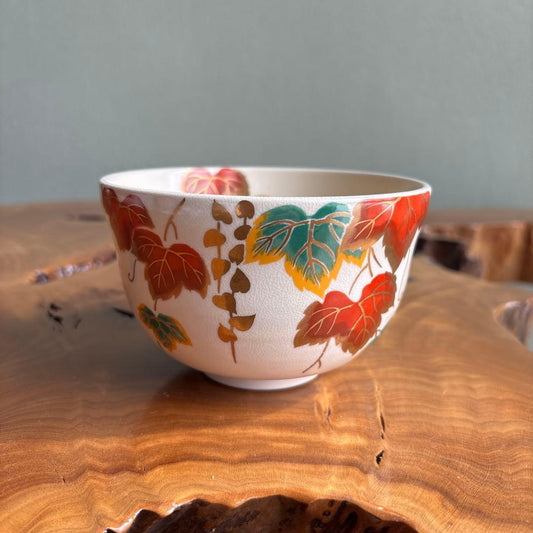Kyo-yaki Ivy Chawan by Miyaji Eiko — Japanese Tea Bowl with Autumn Tsuta Leaves in Overglaze Enamel
