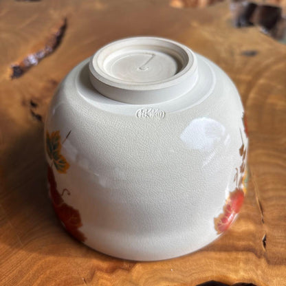 Kyo-yaki Ivy Chawan by Miyaji Eiko — Japanese Tea Bowl with Autumn Tsuta Leaves in Overglaze Enamel