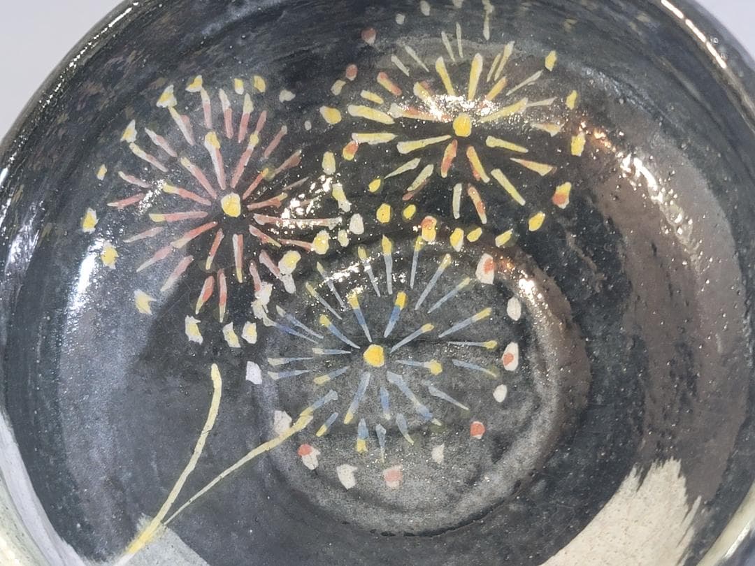 Raku Tea Bowl with Fireworks Design by Rakunyu - Summer Festival Hanabi-e Chawan