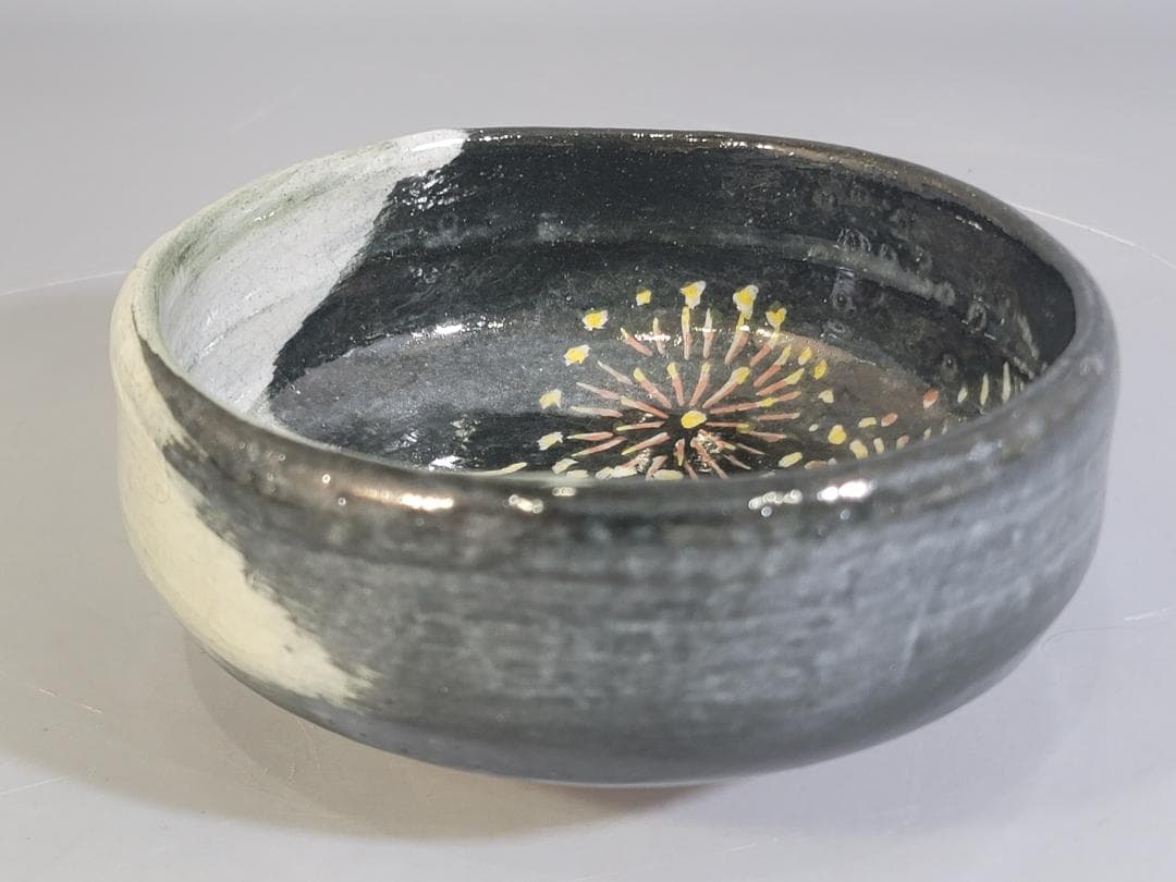 Raku Tea Bowl with Fireworks Design by Rakunyu - Summer Festival Hanabi-e Chawan