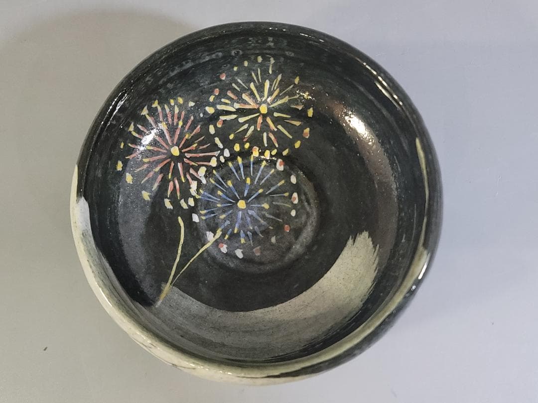 Raku Tea Bowl with Fireworks Design by Rakunyu - Summer Festival Hanabi-e Chawan